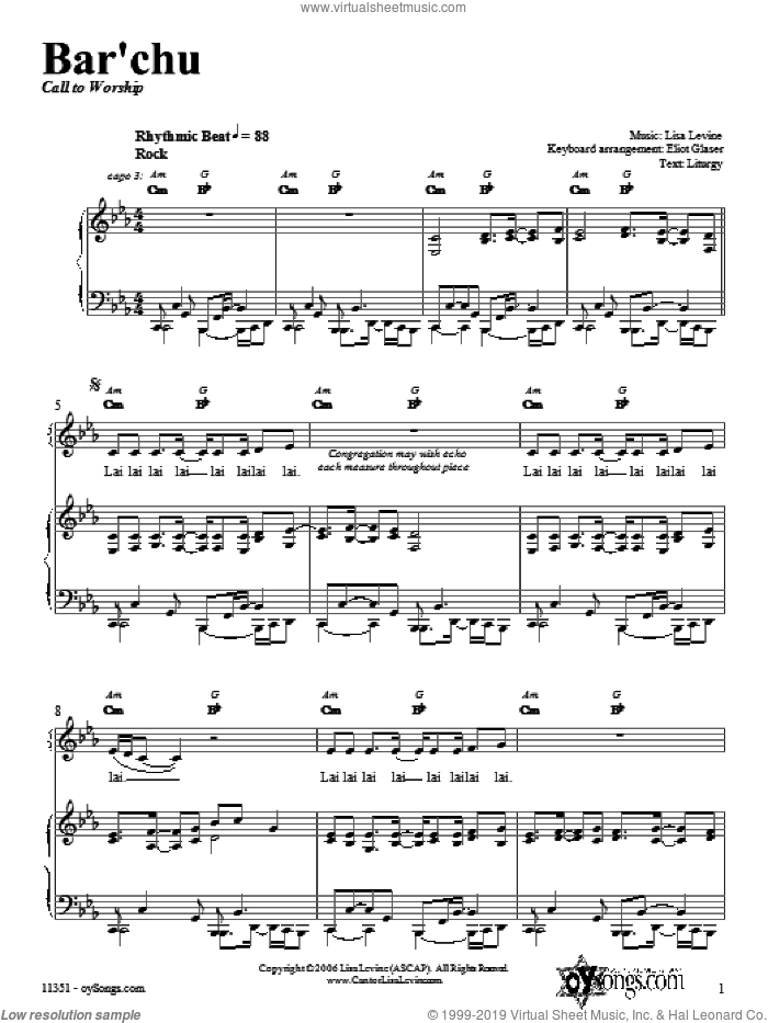 Bar'chu sheet music for voice, piano or guitar by Lisa Levine, intermediate skill level