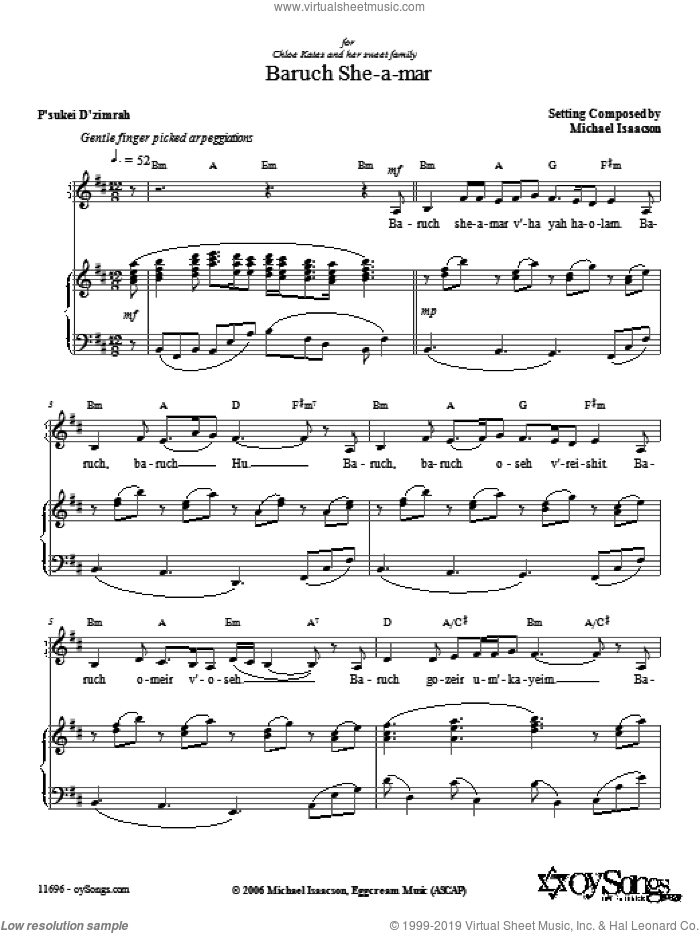Baruch She-a-mar sheet music for voice, piano or guitar by Michael Isaacson, intermediate skill level
