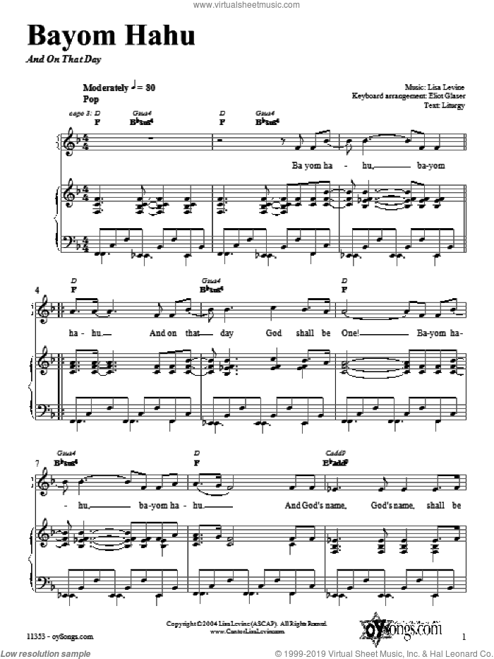 Bayom Hahu sheet music for voice, piano or guitar by Lisa Levine, intermediate skill level