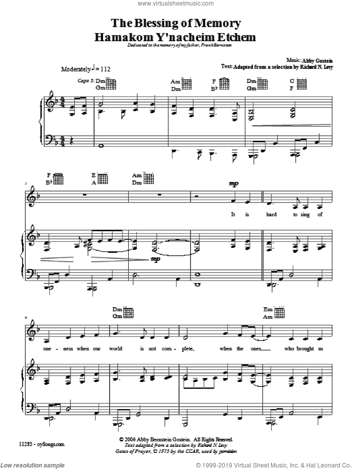 Blessing of Memory sheet music for voice, piano or guitar by Abby Gostein, intermediate skill level