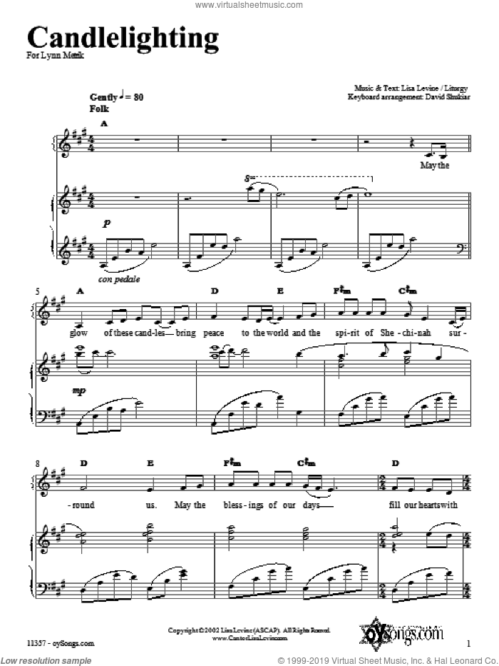 Candlelighting sheet music for voice, piano or guitar by Lisa Levine, intermediate skill level