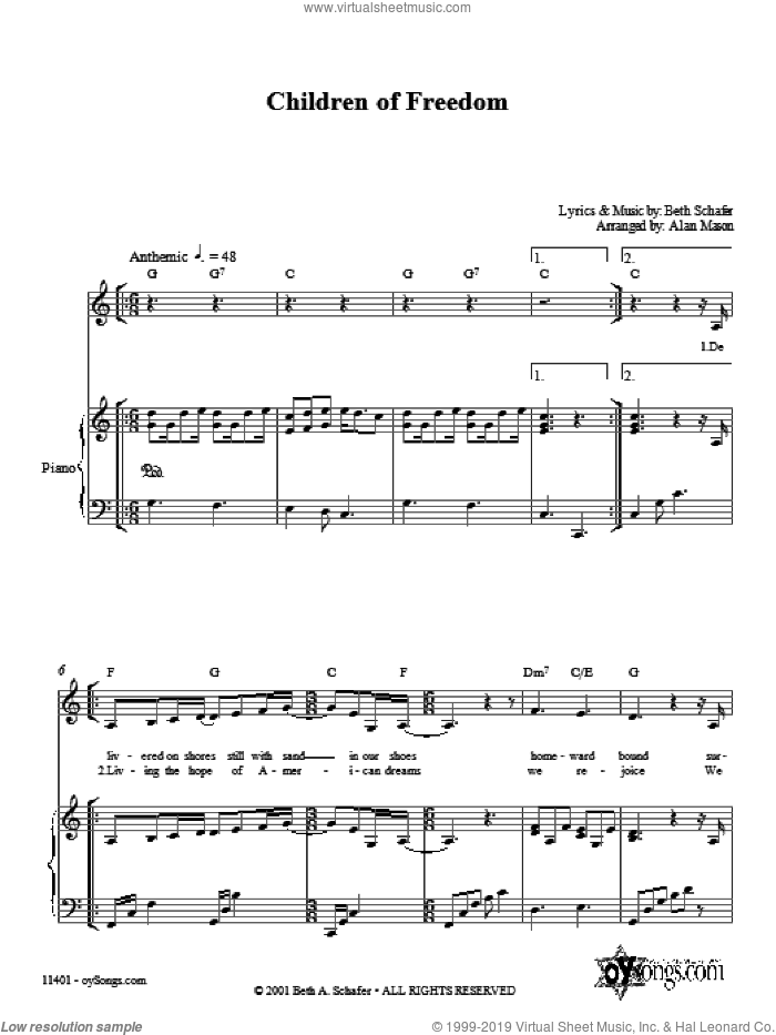 Children of Freedom sheet music for voice, piano or guitar by Beth Schafer and Alan Mason, intermediate skill level