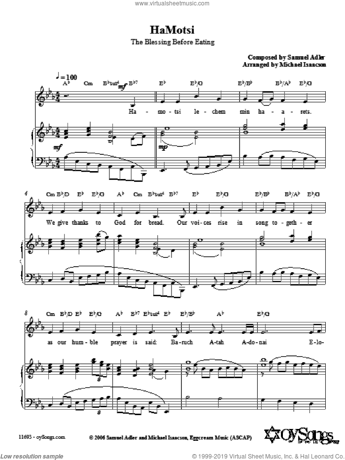 HaMotsi sheet music for voice, piano or guitar by Michael Isaacson and Samuel Adler, intermediate skill level