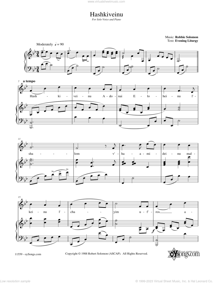Hashkiveinu sheet music for voice, piano or guitar by Robbie Solomon, intermediate skill level