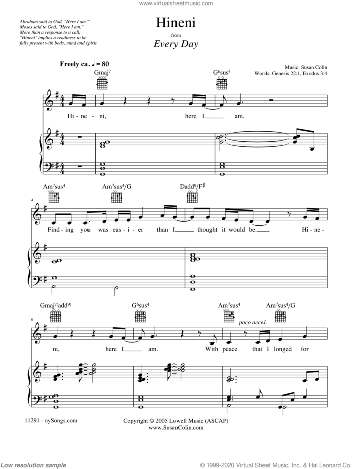 Hineni sheet music for voice, piano or guitar by Susan Colin, intermediate skill level