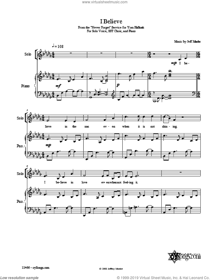 I Believe sheet music for voice, piano or guitar by Jeff Marder, intermediate skill level