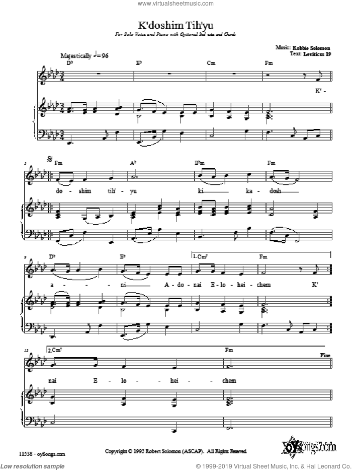K'doshim Tih'yu sheet music for voice, piano or guitar by Robbie Solomon, intermediate skill level