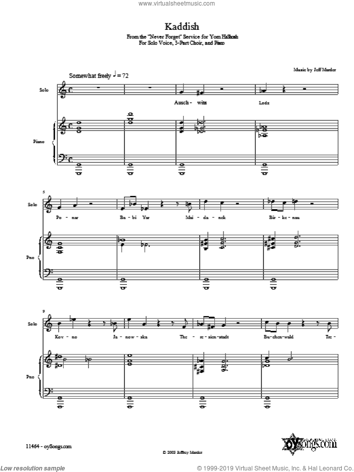 Kaddish sheet music for voice, piano or guitar by Jeff Marder, intermediate skill level