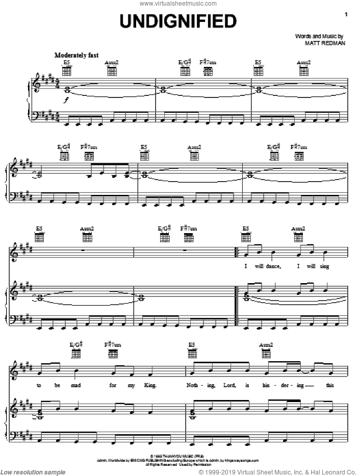 Undignified sheet music for voice, piano or guitar by Matt Redman, intermediate skill level