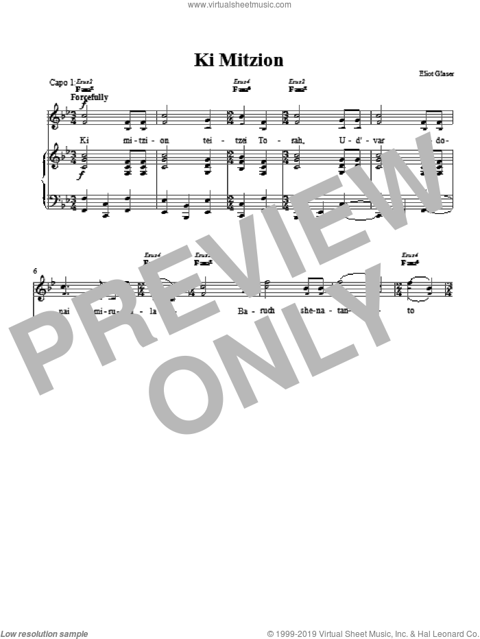 Ki Mitzion sheet music for voice, piano or guitar by Eliot Glaser, intermediate skill level