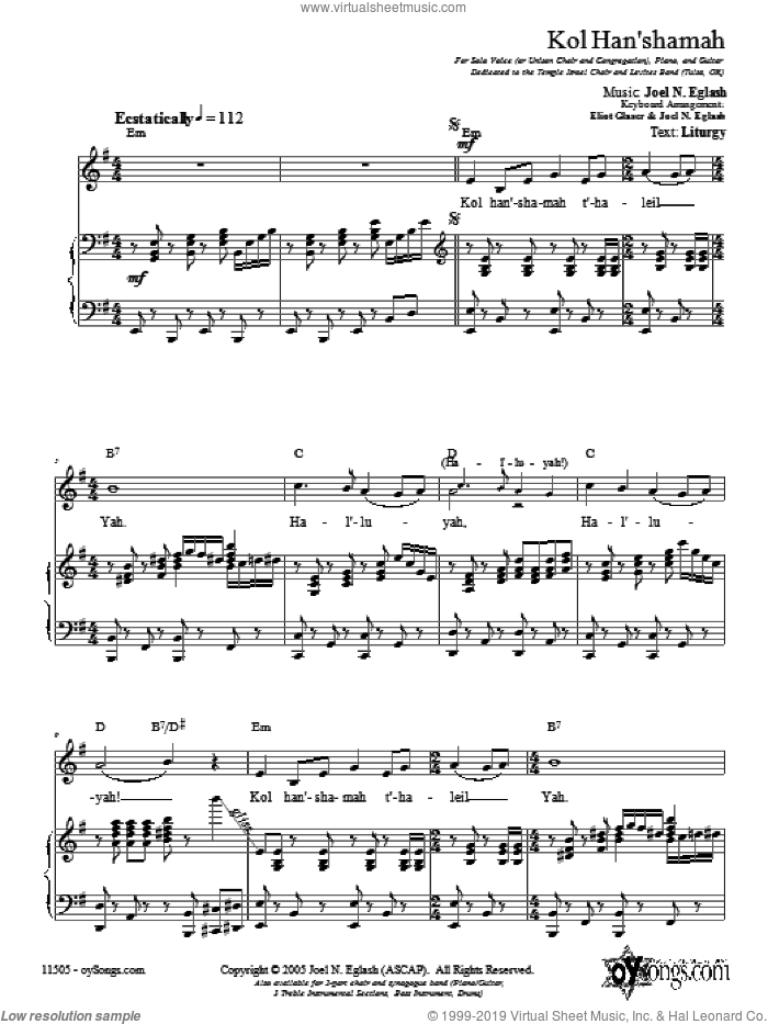 Kol Han'shamah (May Everything That Breathes Praise God) sheet music for voice, piano or guitar by Joel N. Eglash, intermediate skill level