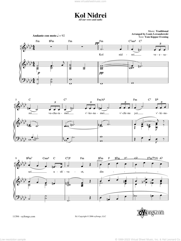 Kol Nidrei sheet music for voice, piano or guitar, intermediate skill level