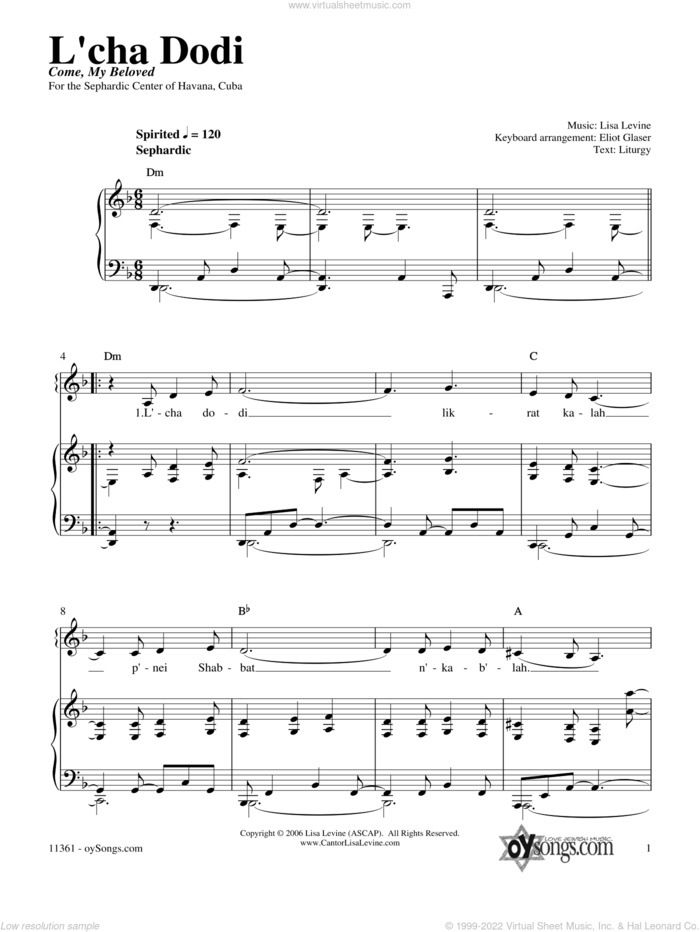 L'cha Dodi sheet music for voice, piano or guitar by Lisa Levine, intermediate skill level