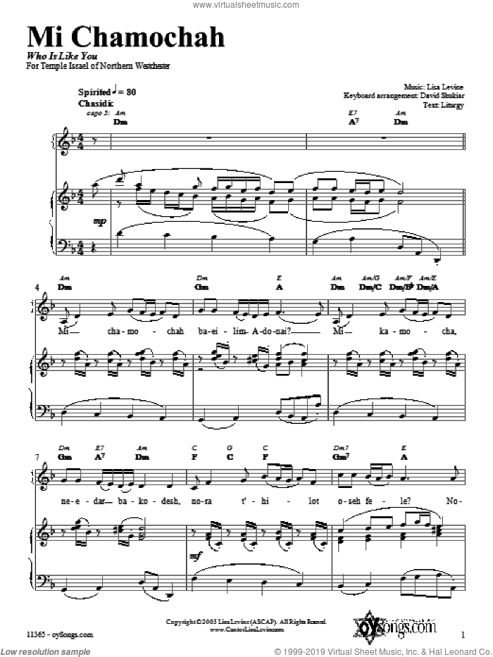 Mi Chamochah sheet music for voice, piano or guitar by Lisa Levine, intermediate skill level