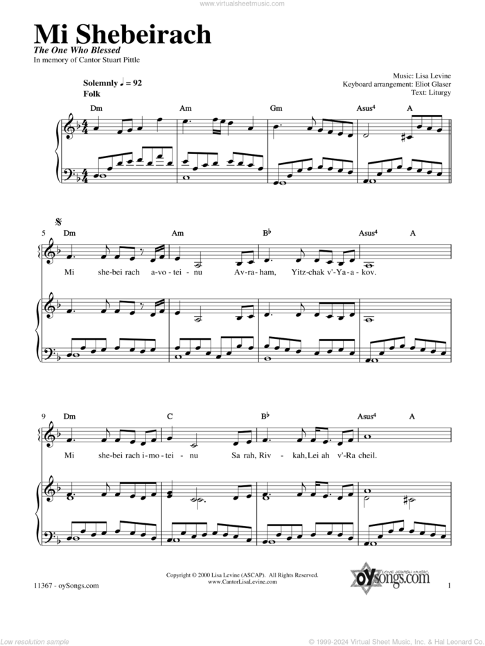 Mi Shebeirach sheet music for voice, piano or guitar by Lisa Levine, intermediate skill level