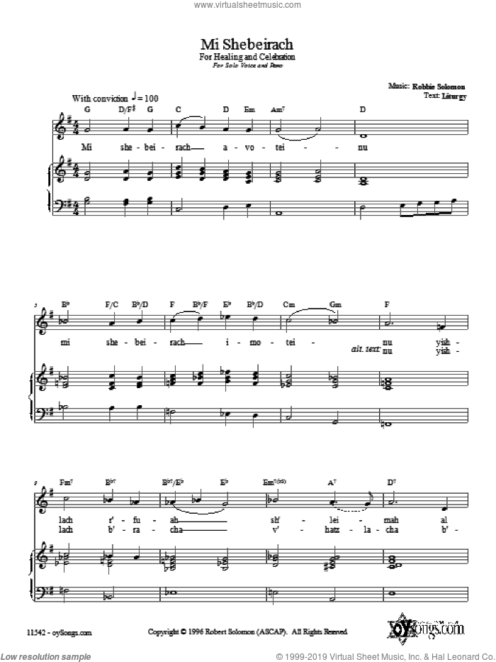 Mi Shebeirach sheet music for voice, piano or guitar by Robbie Solomon, intermediate skill level