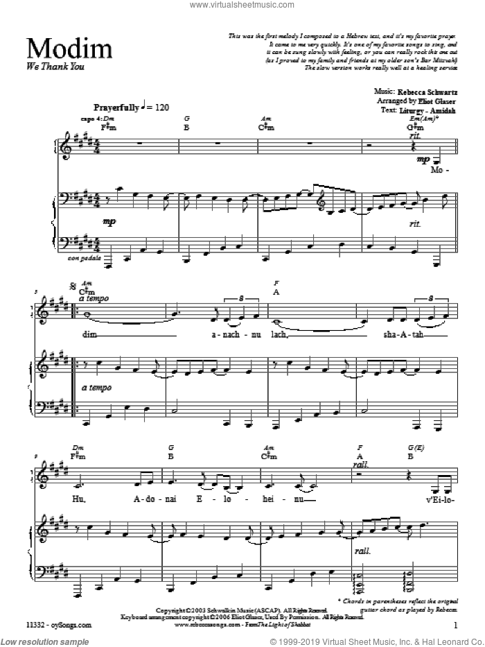 Modim sheet music for voice, piano or guitar by Rebecca Schwartz, intermediate skill level
