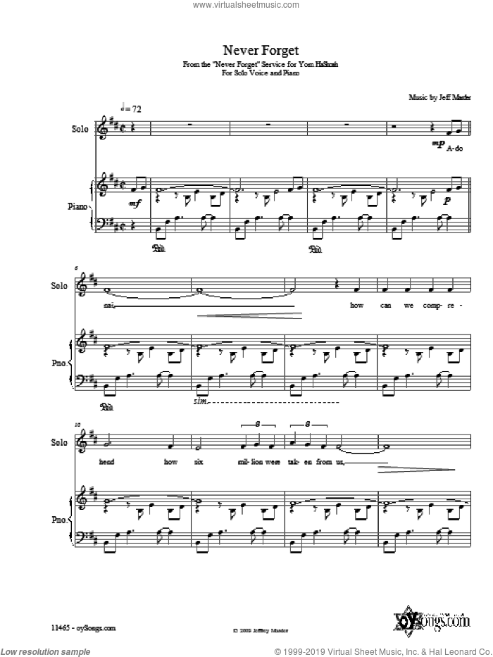 Never Forget sheet music for voice, piano or guitar by Jeff Marder, intermediate skill level