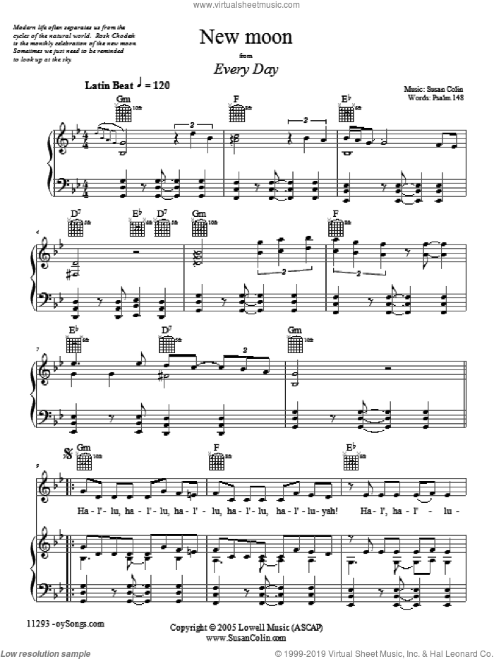 New Moon sheet music for voice, piano or guitar by Susan Colin, intermediate skill level