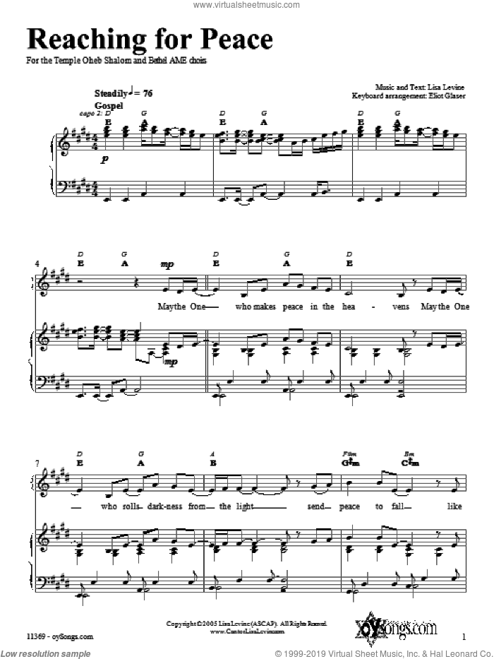 Reaching for Peace sheet music for voice, piano or guitar by Lisa Levine, intermediate skill level