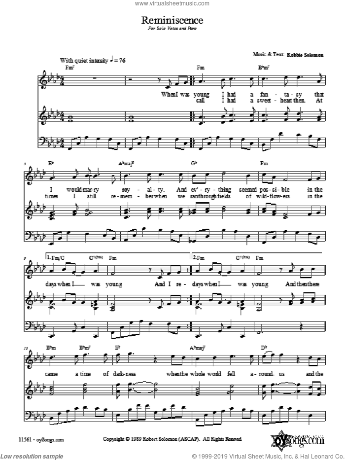 Reminscence sheet music for voice, piano or guitar by Robbie Solomon, intermediate skill level