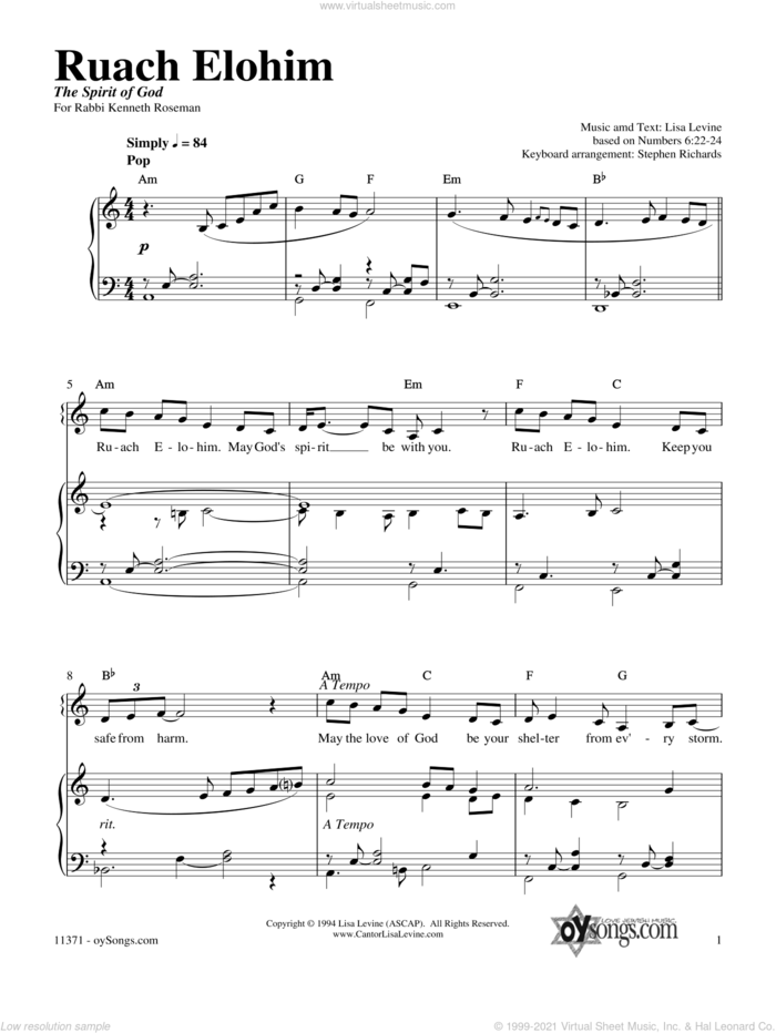 Ruach Elohim sheet music for voice, piano or guitar by Lisa Levine, intermediate skill level