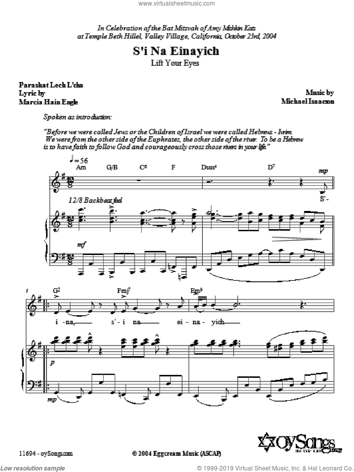 S'I Na Einayich sheet music for voice, piano or guitar by Michael Isaacson and Marcia Hain Engle, intermediate skill level