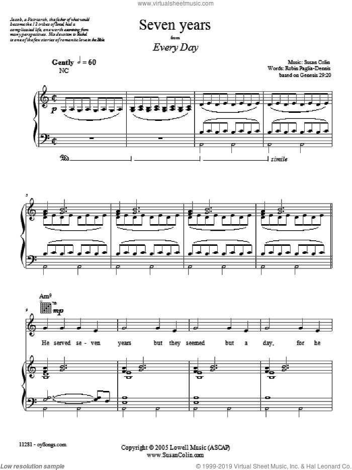 Seven Years sheet music for voice, piano or guitar by Susan Colin, intermediate skill level