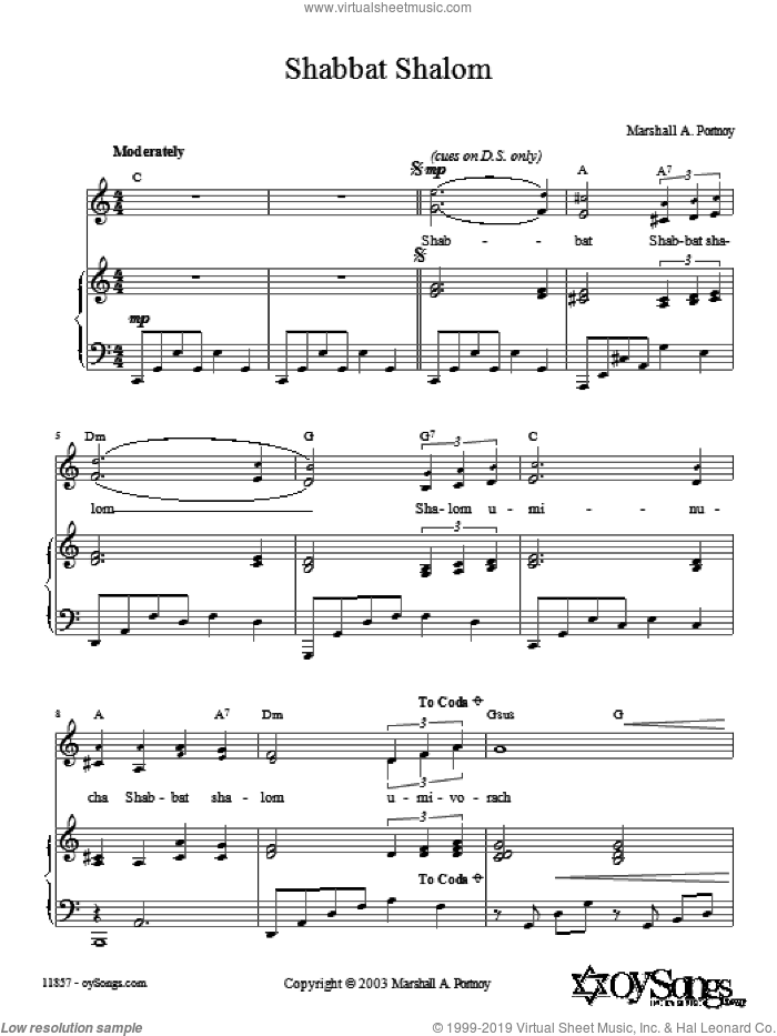 Shabbat Shalom sheet music for voice, piano or guitar by Marshall Portnoy, intermediate skill level