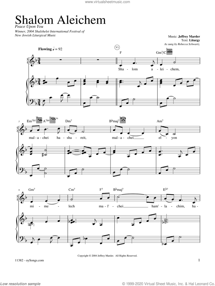 Shalom Aleichem sheet music for voice, piano or guitar by Rebecca Schwartz and Jeff Marder, intermediate skill level
