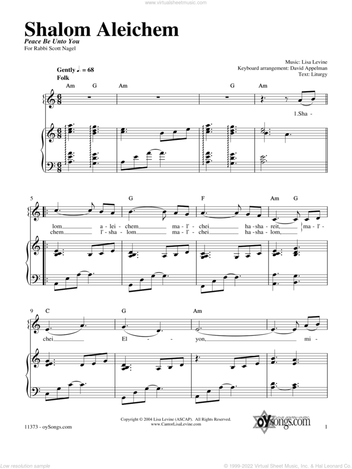 Shalom Aleichem sheet music for voice, piano or guitar by Lisa Levine, intermediate skill level