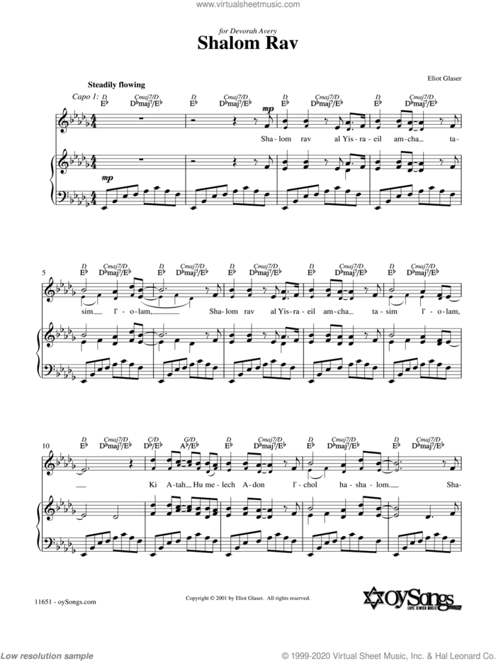 Shalom Rav sheet music for voice, piano or guitar by Eliot Glaser, intermediate skill level