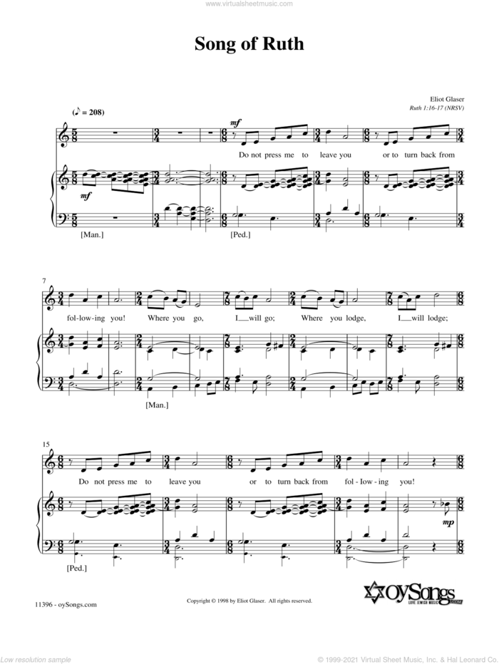 Song of Ruth sheet music for voice, piano or guitar by Eliot Glaser, intermediate skill level