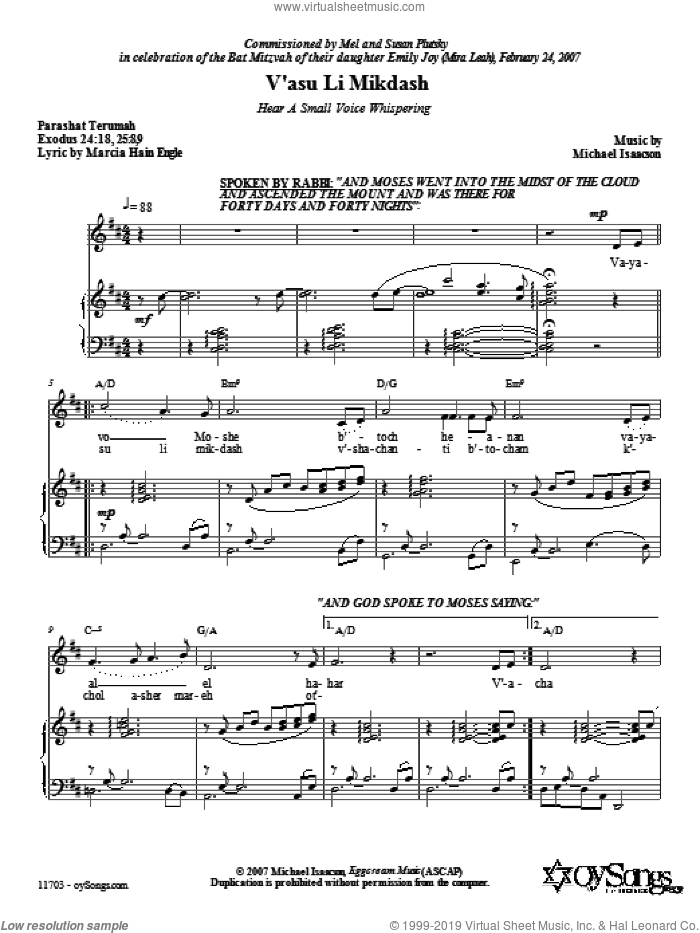 V'asu Li Mikdash (Hear a Small Voice Whispering) sheet music for voice, piano or guitar by Michael Isaacson and Marcia Hain Engle, intermediate skill level