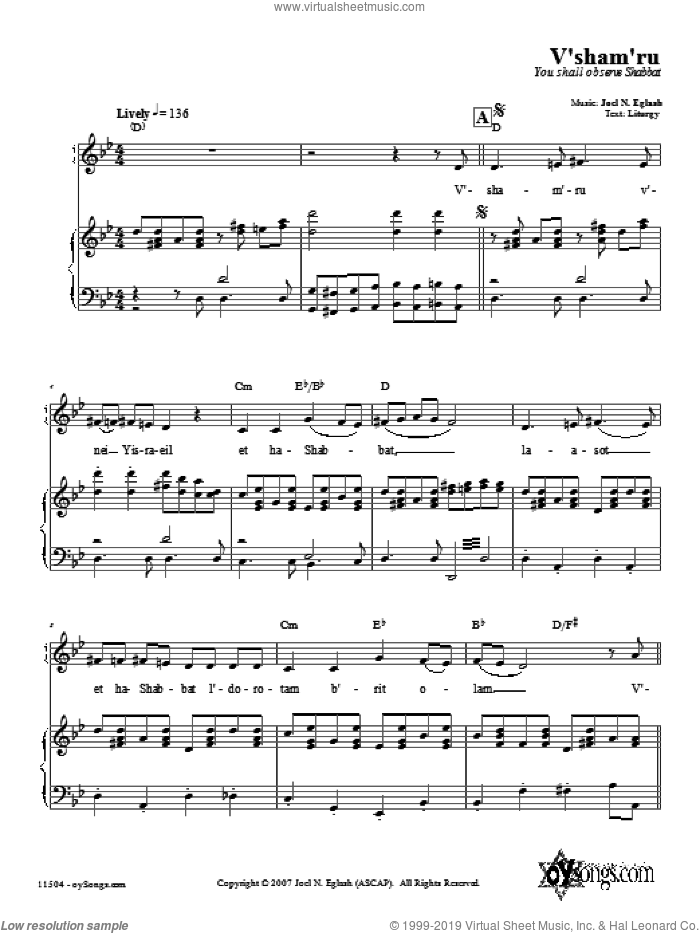 V'sham'ru sheet music for voice, piano or guitar by Joel N. Eglash, intermediate skill level