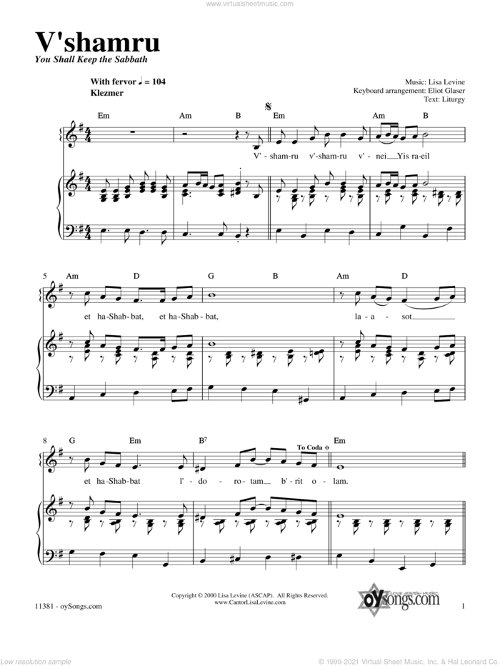 V'shamru sheet music for voice, piano or guitar by Lisa Levine, intermediate skill level