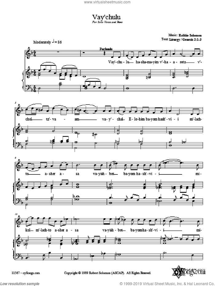Vay'chulu sheet music for voice, piano or guitar by Robbie Solomon, intermediate skill level