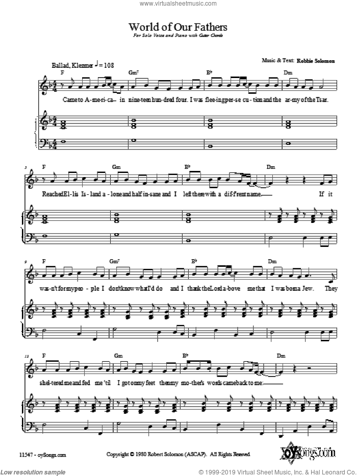 World of Our Fathers sheet music for voice, piano or guitar by Robbie Solomon, intermediate skill level