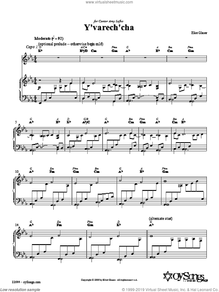 Y'varech'cha sheet music for voice, piano or guitar by Eliot Glaser, intermediate skill level