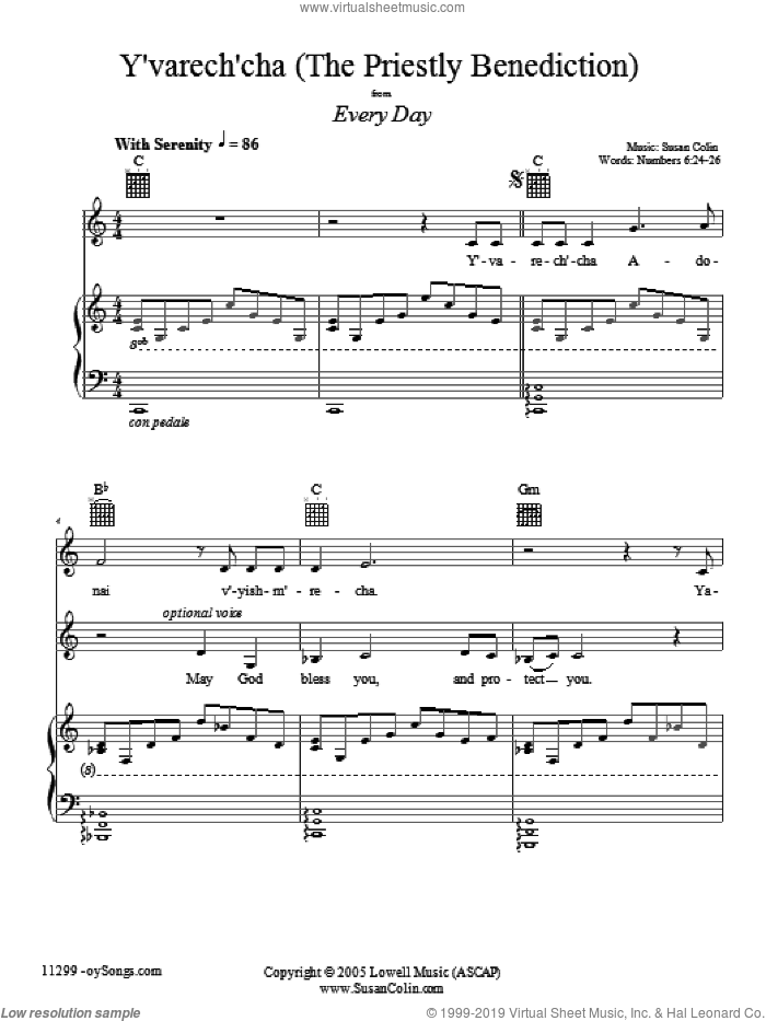 Y'varech'cha sheet music for voice, piano or guitar by Susan Colin, intermediate skill level