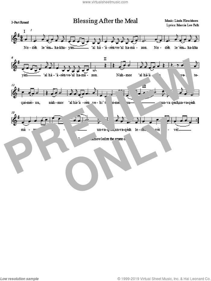 Blessing After the Meal sheet music for choir (3-Part Mixed) by Marcia Lee Falk and Linda Hirschhorn, intermediate skill level