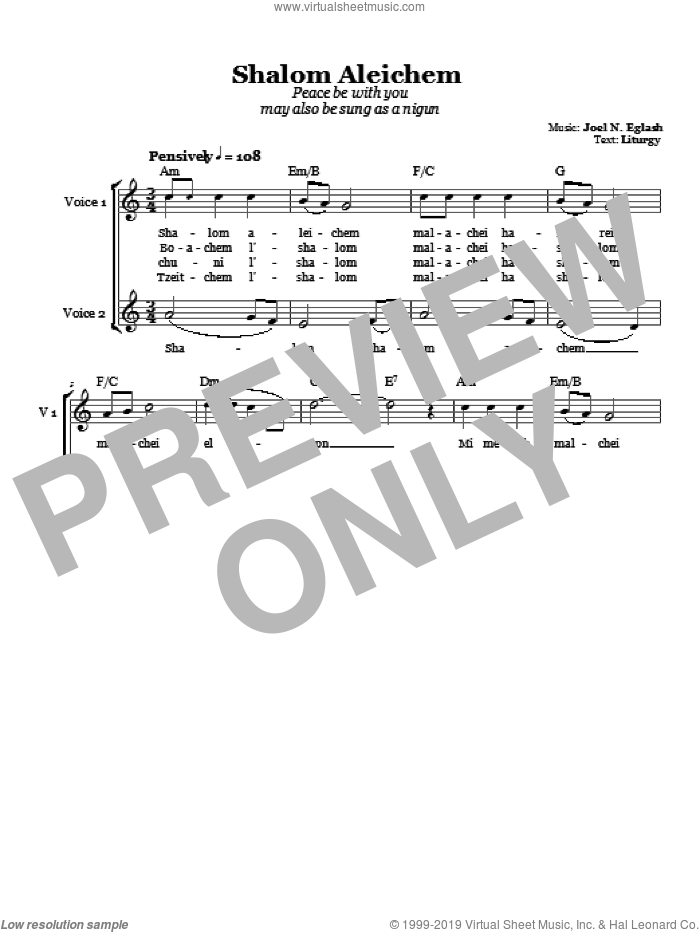 Shalom Aleichem (Peace Be With You) sheet music for choir (2-Part) by Joel N. Eglash, intermediate duet