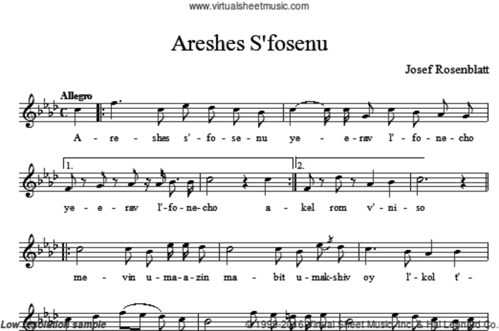 Areshes S'fosenu sheet music for voice and other instruments (solo) by Yossele Rosenblatt, intermediate skill level