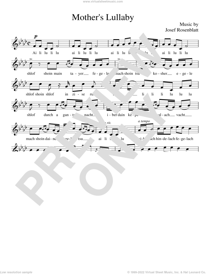 Mother's Lullaby sheet music for voice and other instruments (solo) by Yossele Rosenblatt, intermediate skill level