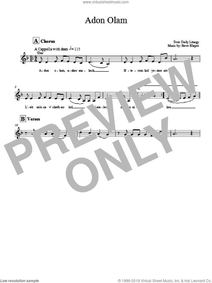 Adon Olam sheet music for voice and other instruments (fake book) by Steve Klaper, intermediate skill level