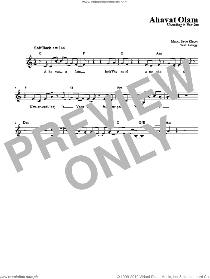 Ahavat Olam sheet music for voice and other instruments (fake book) by Steve Klaper, intermediate skill level