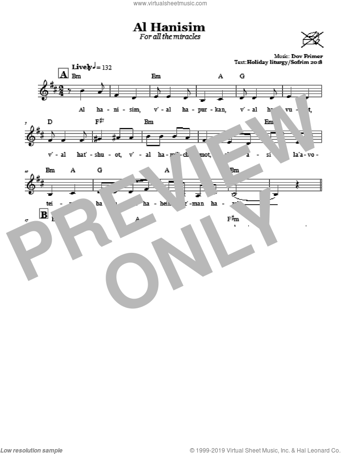 Al Hanisim (For All The Miracles) sheet music for voice and other instruments (fake book) by Dov Frimer, intermediate skill level