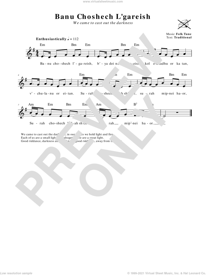 Banu Choshech L'gareish (We Came To Cast Out The Darkness) sheet music for voice and other instruments (fake book), intermediate skill level