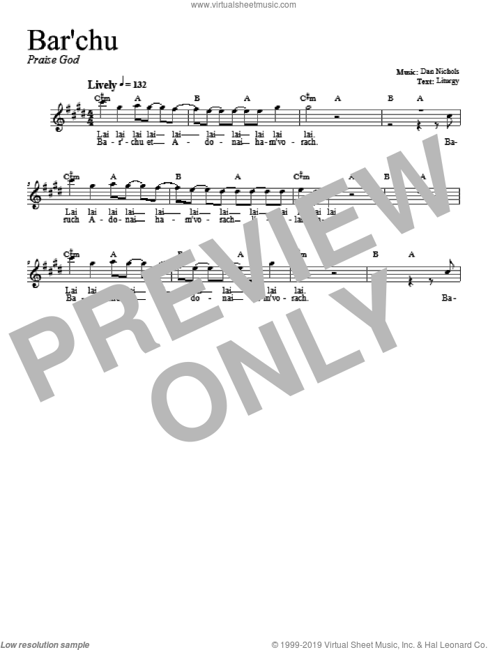 Bar'chu sheet music for voice and other instruments (fake book) by Dan Nichols, intermediate skill level