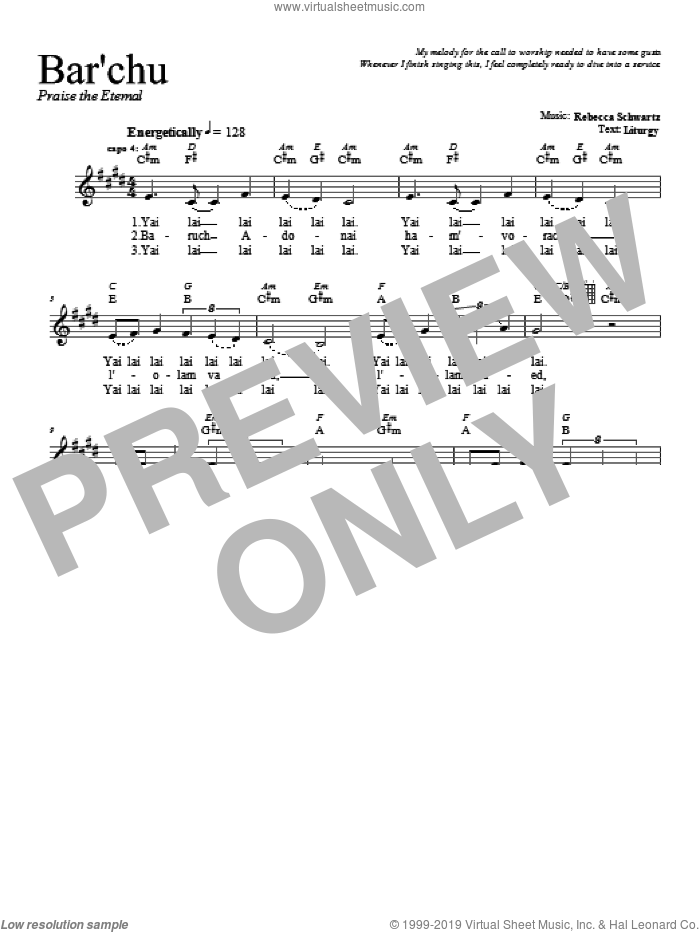 Bar'chu sheet music for voice and other instruments (fake book) by Rebecca Schwartz, intermediate skill level